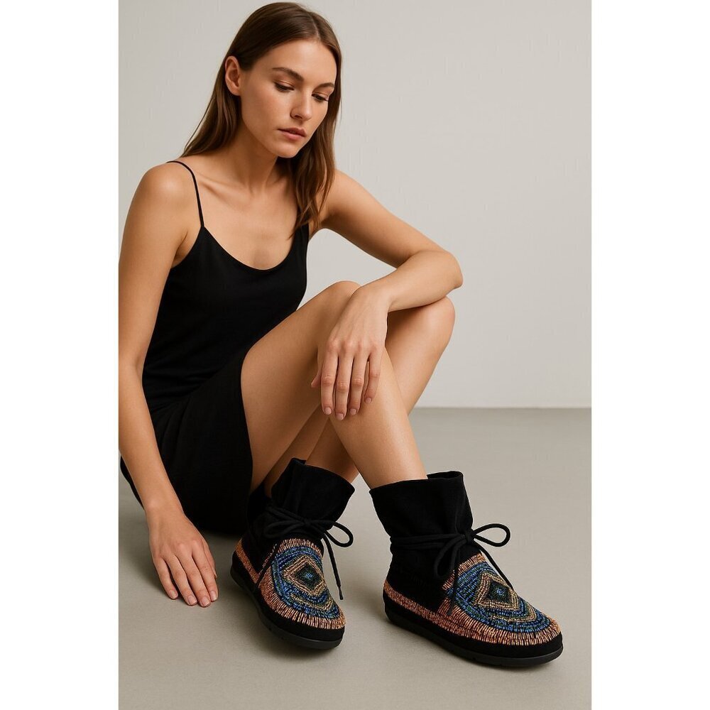 House of Harlow 1960 Beaded Suede Lace-Up Moccasin Boots Black Gold Boho Festiva